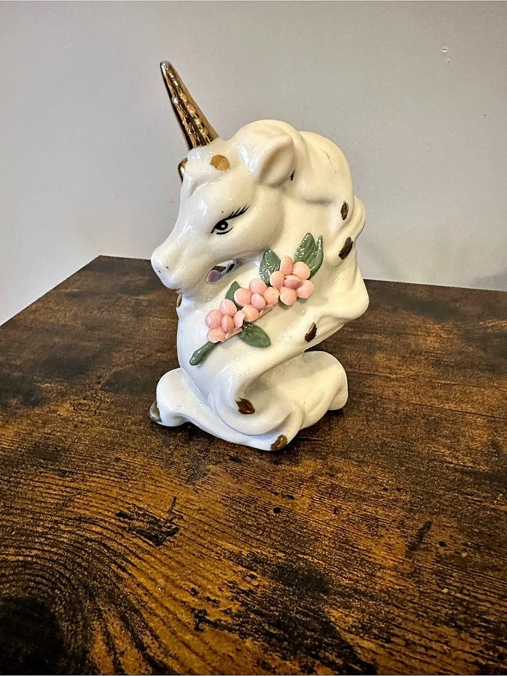 Ceramic Unicorn Figurine White & Pink Floral Decor